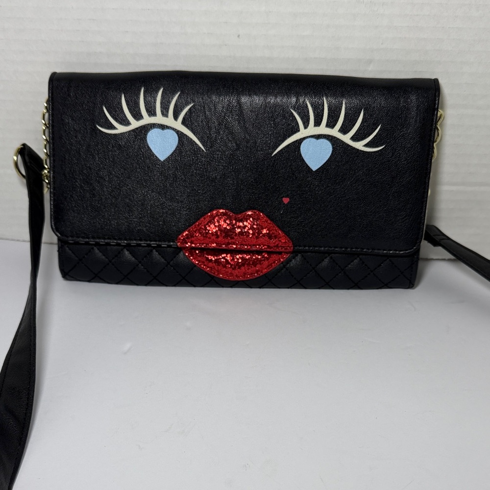 Betsey Johnson Black Crossbody Bag with Red Lips and Blue Eyes